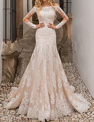 A-Line Wedding Dresses Jewel Neck Sweep / Brush Train Lace Tulle Long Sleeve Country with Pleats 2022 Wedding Dresses Mermaid Trumpet, Mermaid Trumpet Wedding Dresses, Jeweled Wedding Dress, Cheap Wedding Dresses Online, Trumpet Wedding Dress, Wedding Dress Train, Wedding Dress Fabrics, Lace Bridal Gown, Lace Mermaid