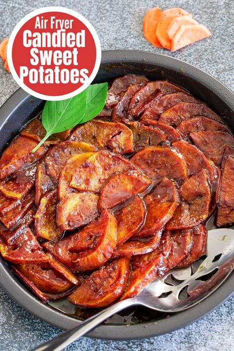 Air Fryer Candied Sweet Potatoes is a very easy sweet potato recipe. Vegan Thanksgiving Side Dishes, Potatoes In The Air Fryer, Easy Desert, Vegan Thanksgiving Dessert, Vegetable Side Dishes Healthy, Canning Sweet Potatoes, Thanksgiving Side Dishes Easy, Thanksgiving Side Dish, Candied Sweet Potatoes