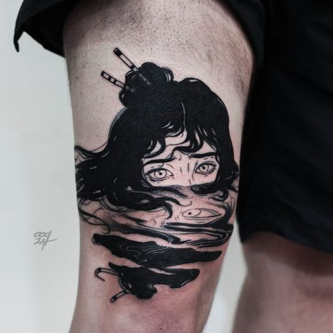 Tattoo by Ooqza #Ooqza #darkarttattoos #blackwork #portrait #lady #ladyhead #reflection #eyes #water #surreal Reflection Tattoo, Water Tattoo, Sopot, Aesthetic Tattoo, 문신 디자인, Elegant Tattoos, Dope Tattoos, Blackwork Tattoo, Pretty Tattoos