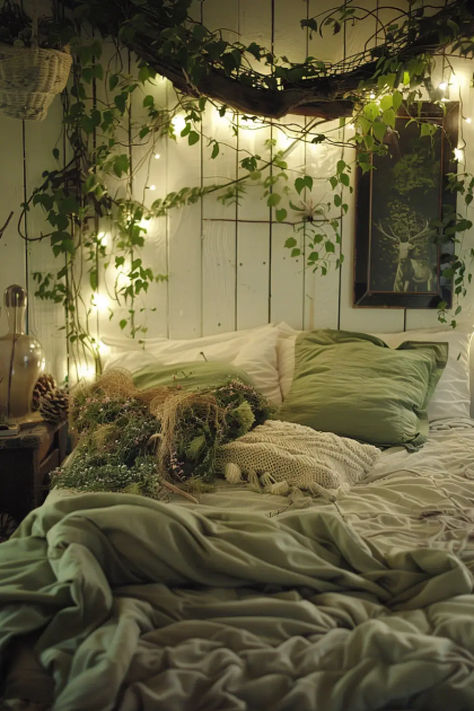 Transform your bedroom into an enchanted forest with vine lights and earthy tones. It’s like stepping into a fairy tale! Room Decor Forest Theme, Woodland Bedroom Ideas Adults, Mossy Green Aesthetic Bedroom, Forest Core Bedroom Aesthetic, Farmhouse Inspired Bedroom, Forest Fairy Themed Bedroom, Jungle Aesthetic Bedroom, Forest Room Inspiration, Antique Themed Bedroom