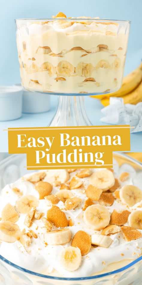 This easy banana pudding recipe is like that classic banana pudding your grandma always made. Made in a trifle bowl with layer after layer of vanilla wafers, ripe bananas, creamy instant vanilla pudding mix, and cool whip to top it off. Easy Banana Pudding Recipe Simple, Quick Banana Pudding, Recipe For Banana Pudding, Vanilla Wafer Banana Pudding, Nilla Wafer Banana Pudding, Pudding Salad, Homemade Banana Pudding Recipe, Easy Banana Pudding Recipe, Banana Recipes Easy