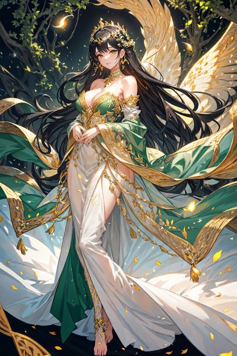 "Discover the enchantment of the forest with this digital painting of a young maiden in a mystic gown, amidst nature's allure. Her serene gaze invites you into a world where magic dances in the air, and tranquility reigns. Step into a tale spun of gold and green – a moment captured forever." Goddess Concept Art, Nature Goddess Art, Soul Haunters, Booba Drawings, Magical Gown, Ethereal Forest, Female Goddess, Enchanted Characters, Nature Goddess