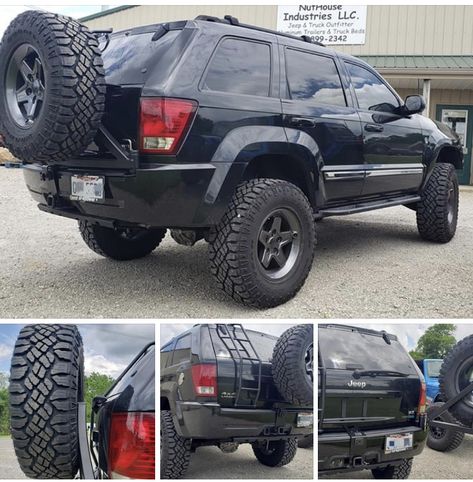 We just installed the custom tire mount we had been working on for this Grand Cherokee. Finished look and design works perfectly for the spare tire and tailgate is still easily accessible. Rhino Lined Jeep, Jeep Wk, American Expedition Vehicles, Truck Accesories, 2006 Jeep Grand Cherokee, Expedition Trailer, Spare Tire Mount, Jeep Ideas, Dodge Muscle Cars