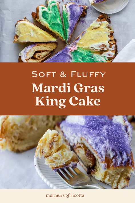 step-by-step recipe for how to make a homemade Mardi Gras king cake Best King Cake Recipe Traditional, Diy King Cake, Diy King Cake Recipe, Homemade King Cake Recipe, King Cake Cream Cheese Filling, Moist King Cake Recipe, Dong Phuong King Cake Recipe, Authentic King Cake Recipe, New Orleans King Cake Recipe