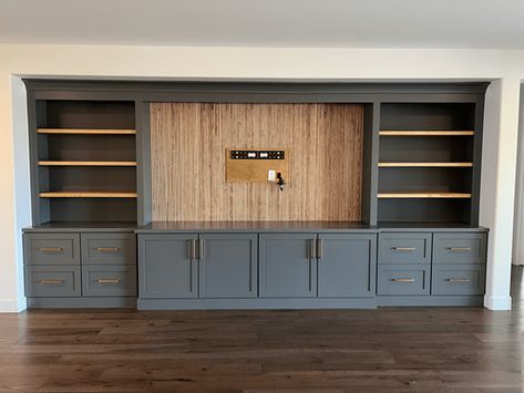 Built-ins & Cabinets — Champagne Taste Design Built In Cabinets For Tv, Large Tv Built In Wall Unit, Media Cabinet Built In, Wood Entertainment Wall, Media Room Cabinets, Tv Room Built Ins, Entertainment Wall Ideas Living Room, Builtin Entertainment Wall, Family Room Built Ins With Tv