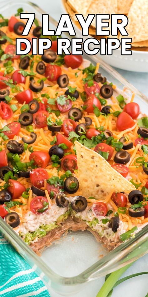 Snacks For A Large Group, Football Season Appetizers, Mexican Layer Dip Recipe, 5 Layer Dip, Easy Game Day Food, Layered Bean Dip Recipe, Mexican Dip Recipes, Luncheon Recipes, 7 Layer Dip Recipe