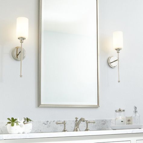 Willa Arlo Interiors Dian Transitional 1-Light Wall Sconce & Reviews | Wayfair Polished Nickel Bathroom, Bathroom Lighting Design, Quorum Lighting, Bathroom Sconces, Sconces Bedroom, Bathroom Wall Sconces, Light Wall, Transitional Style, Bedroom Wall