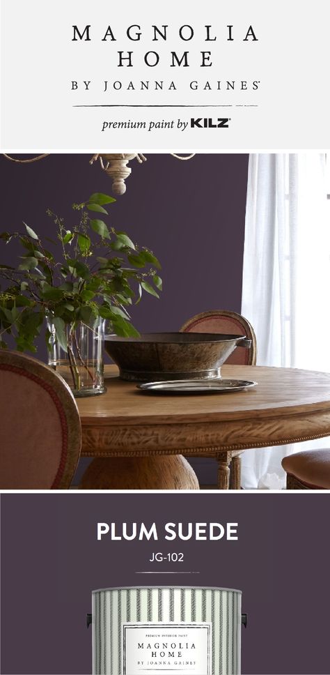 A dark shade of purple, Plum Suede from the Magnolia Home by Joanna Gaines® Paint collection is a bold pop of color in this traditional dining room. This jewel tone color would look beautiful in any design style in your home. Click below for more color details. Plum Wall Color, Plum Accent Wall, Plum Paint Colors, Plum Bedroom, Purple Accent Wall, Plum Walls, Purple Dining Room, Magnolia Homes Paint, Color Uva