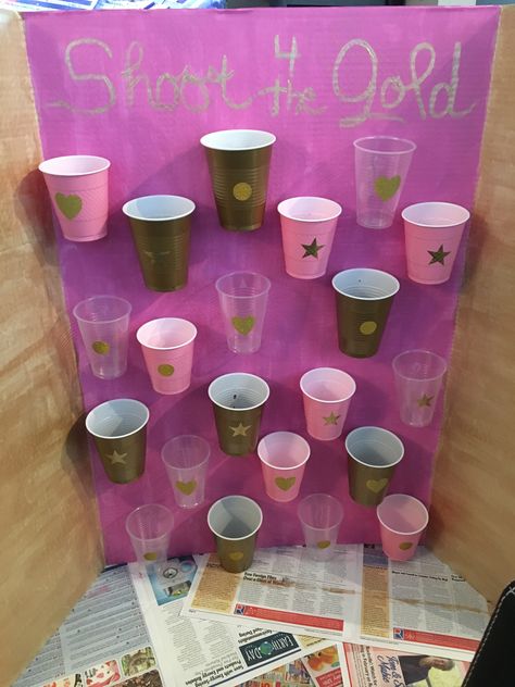 Ping Pong Ball Game! Science Fair Board, Pink & Gold Paint, plastic cups, gold stickers, ping pong balls. Science Fair Games, Stall Ideas For School Fair, Game Stall Ideas School Fair, Stall Games Ideas, Stall Decorations For Fair, Ping Pong Ball Games Plastic Cups, Fair Game Ideas, Ball Cup Game, Ball In Cup Game