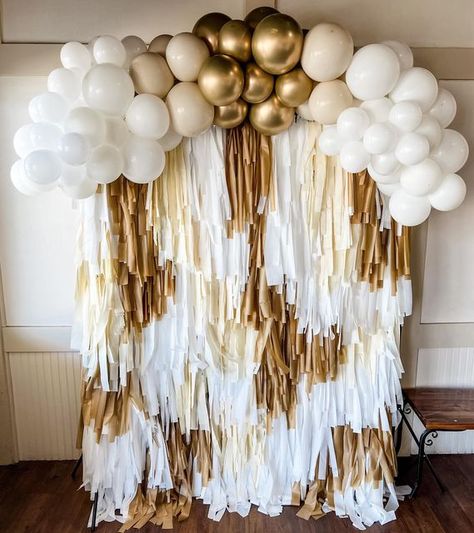 Fringe Wedding Backdrop, Neutral Fringe Backdrop, Neutral Photo Backdrop, Gold And White Decorations Party Ideas, White Fringe Backdrop, Fringe Wall Backdrop, Gold Fringe Backdrop, Fringe Decorations, Gold Photo Backdrop