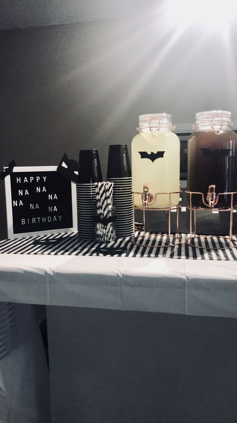 Black & white Batman party Batman Theme Party For Adults, 1st Birthday Batman Theme, Batman Second Birthday Party, Batman Party Ideas For Adults, Batman Birthday Party For Adults, Gotham City Birthday Party, Batman 2nd Birthday Party, Gotham Themed Party, Batman Party Theme