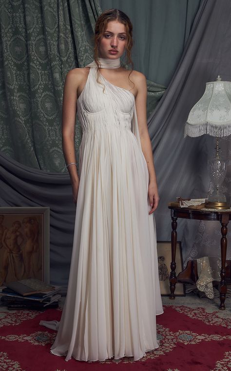 The Hellenistic One-Shoulder Chiffon Gown By Mirror Palais | Moda Operandi Mirror Palais Wedding, Chiffon Outer, Baroque Wedding, Mirror Palais, Upscale Fashion, Corset Skirt, Gown Skirt, Ribbon Dress, Wedding Dress Trends