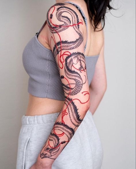 Colorful Arm Tattoo For Men, Haku Arm Tattoo, Haku Tattoo Arm, Tattoo Dragon Japan, Dragon Wrapped Around Arm Tattoo, Red Sleeve Tattoo, Dragon Tattoo Wrapped Around Arm, Wrap Around Tattoos, Types Of Tattoo Styles