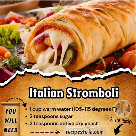 Italian Stromboli Ingredients: Dough: 1 cup warm water (105-115 degrees F) 2 teaspoons sugar 2 teaspoons active dry yeast 2 ½ cups all-purpose flour 1 teaspoon salt 2 tablespoons olive oil Filling: ½ pound thinly sliced pepperoni ½ pound thinly sliced salami ½ pound sliced provolone cheese ½ pound sliced mozzarella cheese ½ cup pizza sauce (or marinara sauce) 1 tablespoon olive oil 1 teaspoon Italian seasoning ½ teaspoon garlic powder Instructions: Make the Dough: Combine warm water, suga... Italian Stromboli, Sliced Salami, Active Dry Yeast, Provolone Cheese, Provolone, Marinara Sauce, Pizza Sauce, Easter Treats, Dry Yeast