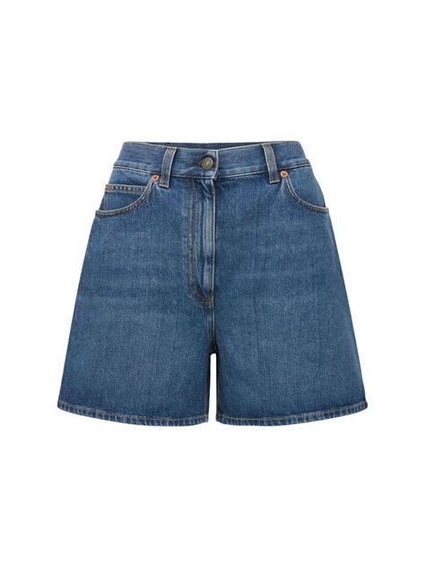 Find GUCCI High Waist Denim Shorts on Editorialist. Front button and concealed zip closure. Back logo patch details. Back gold-colored metal Horsebit details. Stonewashed coloring may vary. Five pockets. Model is wearing a size27 Gucci Shorts, High Waist Denim Shorts, Versace Brand, High Waist Denim, High Waisted Shorts Denim, Swim Accessories, Shearling Jacket, Ski Wear, Mens Denim Short