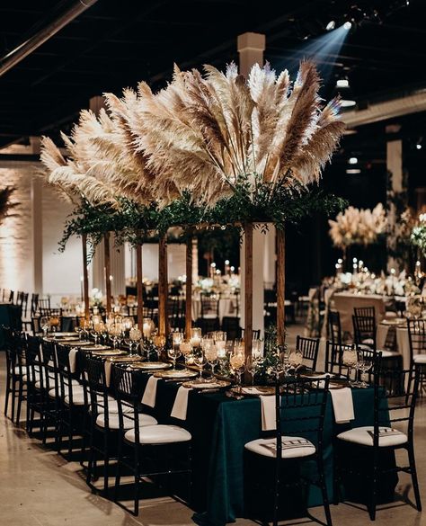 The Wedding Pic® on Instagram: “Pampas makes a serious statement when against dark wood tones and linens. This couple was sure to include the pampas grass throughout their…” Black Wedding Decor, Grass Centerpiece, Black Wedding Decorations, Grass Decor, Pampas Grass Decor, Grass Wedding, Tall Centerpieces, Wedding Decor Inspiration, Future Wedding Plans