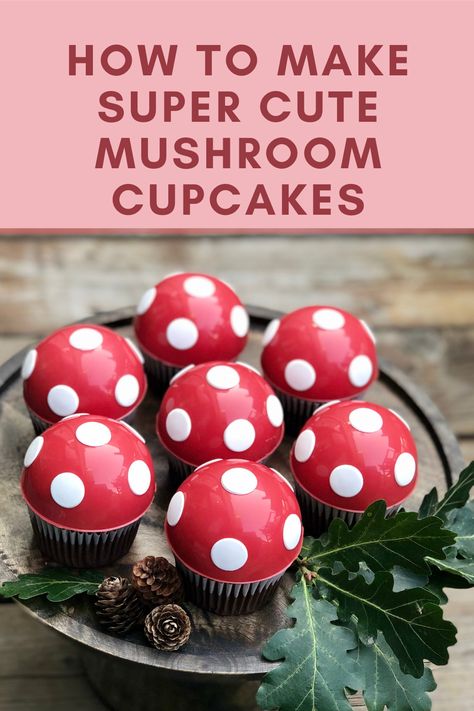 Mushroom Cupcakes Mario, Red Mushroom Cupcakes, Super Mario Mushroom Cupcakes, How To Make Mushroom Cupcakes, Mushroom Theme Cupcakes, Diy Mushroom Cupcakes, Fairy Mushroom Cupcakes, Woodland Fairy Cupcakes, Mushroom Shaped Food