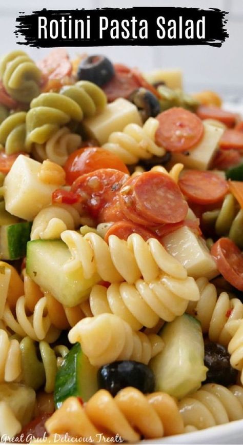 A close up of a white bowl filled with pasta salad. Rotini Pasta Recipes, Tri Color Pasta Salad, Rotini Pasta Salad, Tri Color Pasta, Curry Pasta, Cookout Side Dishes, Cold Pasta Salad Recipes, Frozen Pasta, Quick Pasta Recipes