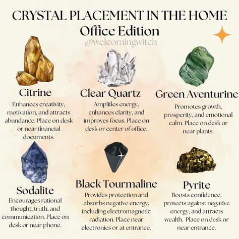 Crystal Placement in the home: Office Edition . . . . . . . . . #wiccansofinstagram #witchlife #witchesofinstagram #witch #witchcraft #wicca #wiccan #pagan #spiritual #spiritualawakening #Spirituality #witchessociety #witchytips #magic #babywitch #beginnerwitch #witchy #witchesoftiktok #witchtok #crystals #crystalmagic Crystals Uses Witchcraft, Crystals And Witchcraft, Witchy Home Decor Ideas, Crystals In Witchcraft, Crystal Placement In Home, Witches Crystals, Witches Facts, Crystal Witchcraft, Spiritual Topics