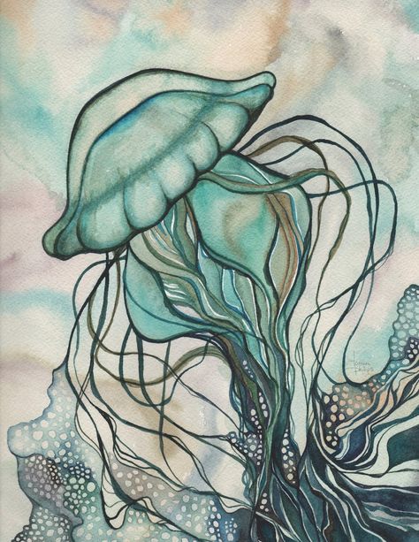 "Green Jellyfish" This is a beautiful Sea Nettle Jellyfish. The original is a watercolour painted in earth tones along with rich aqua and teal blue greens. I'm offering several different paper print sizes, all with archival pigmented ink.  And if you already have a FRAME, please message me all your inside frame and/or mat dimensions, and this way I'll know how to print and cut your artwork for the perfect fit :) 5x7 inches (~12x17cm) print 8x10 inches (~20x25cm) print 8.5x11 inches (~21x28cm) pr Green Jellyfish, Ocean Garden, Jellyfish Print, Green Colours, Bar Wall Decor, Aqua Turquoise, Watercolor Artwork, Pictures To Paint, Paint By Number