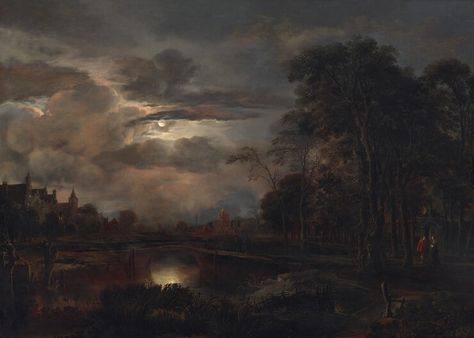 Moonlit Landscape with Bridge Landscape With Bridge, Moonlit Landscape, العصور الوسطى, Moonlight Painting, Dutch Golden Age, Night Landscape, Dutch Painters, National Gallery Of Art, Happy Paintings