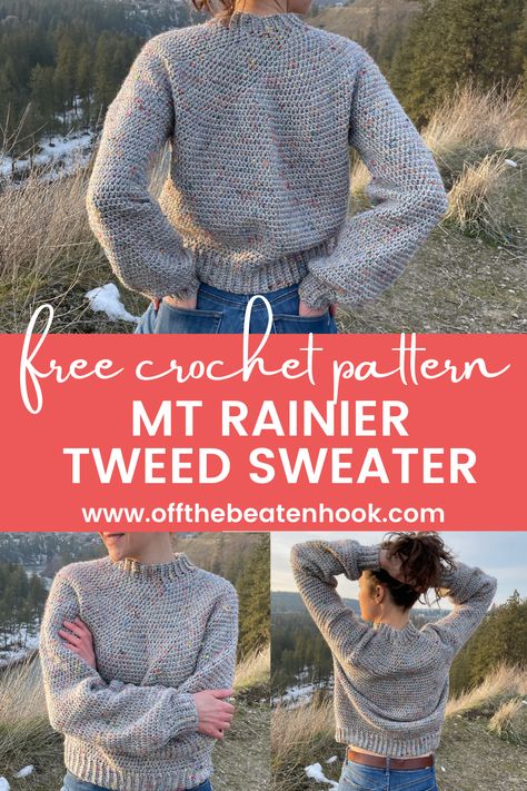 One Piece Crochet Sweater Free Pattern, Crochet Crew Neck Sweater Pattern, Raglan Sweater Crochet Pattern Free, Crochet Sweater Cuffs, Top Down Crochet Pattern, Crochet Sweater With Collar, Sport Weight Crochet Patterns, Gray Yarn Crochet Ideas, Ribbed Crochet Sweater