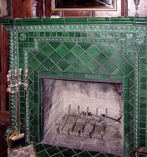 Green Tile Fire Place - Why Tile Green Tile Fireplace, Wood Paneled Room, Ceramic Tile Fireplace, Green Fireplace, Paneled Room, Green Ceramic Tile, Sunroom Remodel, Hearth Tiles, Craftsman Fireplace