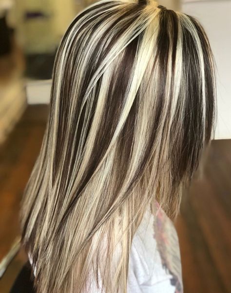 Blond Hair With Dark Lowlights, Streaks In Hair Blonde, Long Choppy Layers Thick Hair, Thick Blonde Highlights On Dark Hair, Dark Underneath Hair Light On Top, Heavy Highlights On Brown Hair, Dark Brown And Blonde Highlights, Heavy Lowlights On Blonde, Dark Ash Blonde Highlights