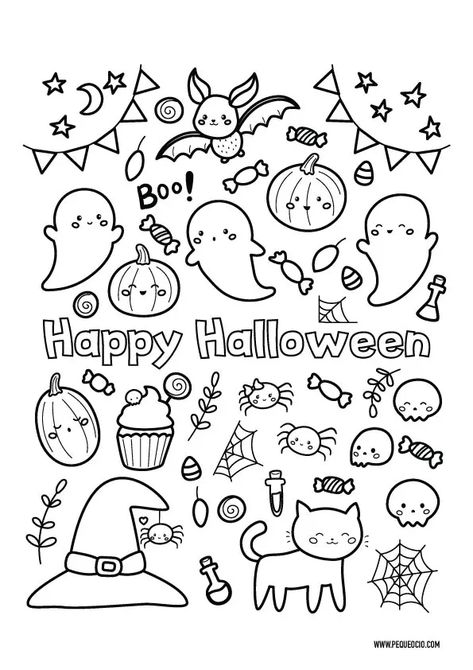 50 dibujos de Halloween para colorear fáciles y divertidos | Pequeocio Halloween Coloring Pages For Kids, Cute Halloween Coloring Pages, Imprimibles Halloween, Halloween Coloring Sheets, Halloween Symbols, Halloween Coloring Book, Seni Dan Kraf, Halloween Drawings, Halloween Coloring Pages