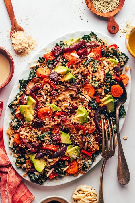 Quinoa Kale Bowl, Recipe Using Kale, Quinoa Kale Salad, Roasted Root Veggies, Crispy Quinoa, Quinoa Kale, Kale Quinoa Salad, Massaged Kale, Vegetable Quinoa