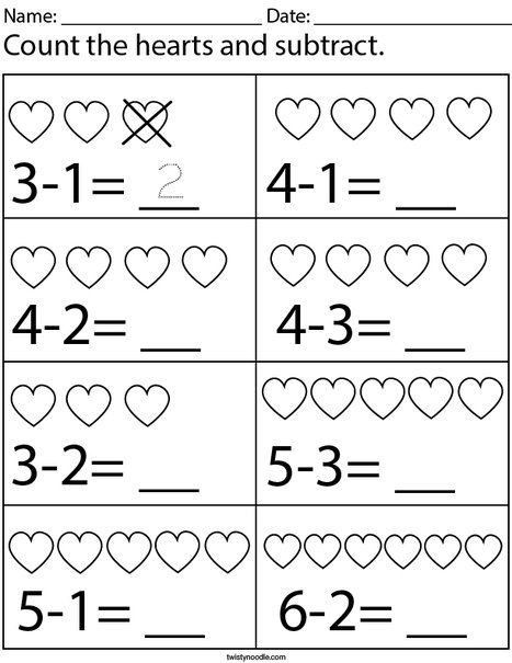 Heart Worksheet, Easy Math Worksheets, Kindergarten Math Worksheets Addition, Subtraction Kindergarten, Kindergarten Math Worksheets Free, Math Addition Worksheets, Math Subtraction, Subtraction Activities, Kids Worksheets Preschool