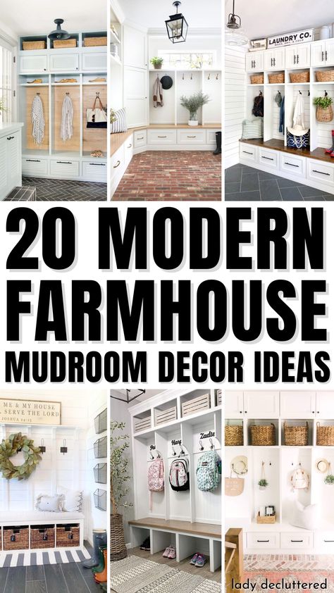 20 Modern Farmhouse Mudroom Decor Ideas Entry Way Ideas Modern Farmhouse, Mudroom Styling Ideas, Farmhouse Mudroom Cubbies, Muddy Room Ideas, Small Mud Room Ideas Entryway Farmhouse, Drop Zone Color Ideas, Mud Porch Ideas, Muddy Boots Storage Entryway, White Farmhouse Mudroom