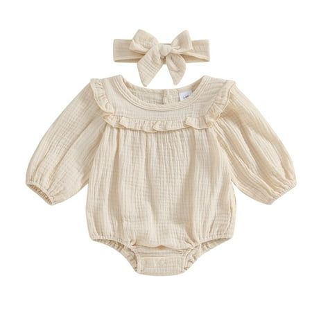 Baby Girl Clothes Long Sleeve Romper Solid Jumpsuit Bodysuit+Headband 2Pcs Girl Outfits : cotton Size chart: Size:3 Recommended age:3-6 Months Bust:50cm/19.69'' Length:37cm/14.57'' Size:6 Recommended age:6-9 Months Bust:52cm/20.47'' Length:39cm/15.35'' Size:9 Recommended age:9-12 Months Bust:54cm/21.26'' Length:41cm/16.14'' Size:12 Recommended age:12-18 Months Bust:56cm/22.05'' Length:43cm/16.93'' Color: Beige.  Gender: female.  Age Group: infant. Toddler Leotards, Solid Jumpsuit, Baby Fits, Girls Fall Outfits, Baby Pants