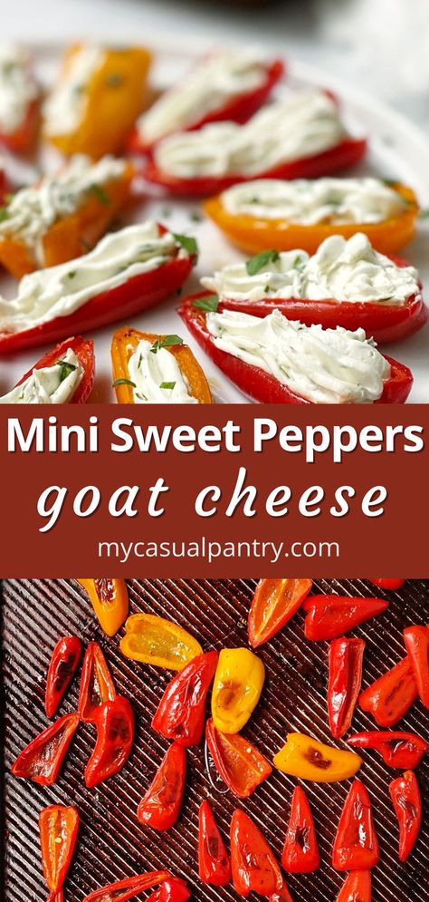 Roasted Mini Sweet Peppers, Peppers With Goat Cheese, Sweet Pepper Recipes, Cold Finger Foods, Appetizer Buffet, Goat Cheese Appetizer, Mini Sweet Peppers, Green Meals, Meat Free Recipes