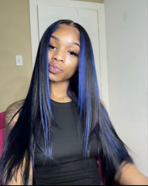 Blue And Black Hair Extensions, Sew In Blue Highlights, Blue Highlighted Wig, Quick Weave With Blue Highlights, Lace Front Wigs Blue, Wig With Blue Highlights Black Women, Blue And Black Quick Weave, Blue Black Hair With Blonde Money Piece, Black And Blue Sew In