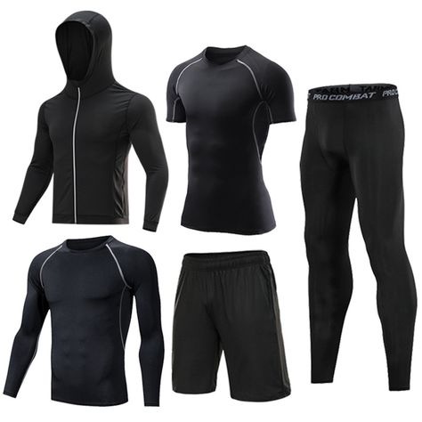 York 5 Piece Workout Set // Black + Gray Mens Compression Pants, Mens Compression, Compression Pants, Long Sleeve Jacket, Sports Hoodies, Tracksuit Set, Sport Gym, Compression Leggings, Sports Suit