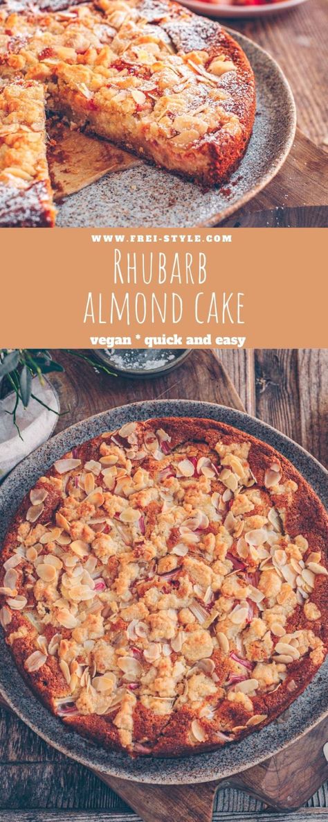 Rhubarb almond cake * Freistyle Rhubarb Almond Cake, Vegan Rhubarb Cake, Rhubarb Vegan Recipes, Vegan Almond Cake, Vegan Recepies, Rhubarb Desserts, Rhubarb Crumble, Rhubarb Cake, Fresh Cake