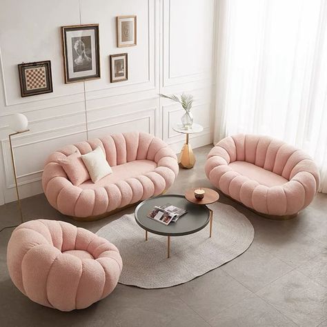 #sofa #couch #aesthetic Living Room Furniture Styles, Pink Couch, Upholstered Couch, Curved Sofa, Mid Century Modern Design, 3 Seater Sofa, Room Sofa, Living Room Sets, 인테리어 디자인