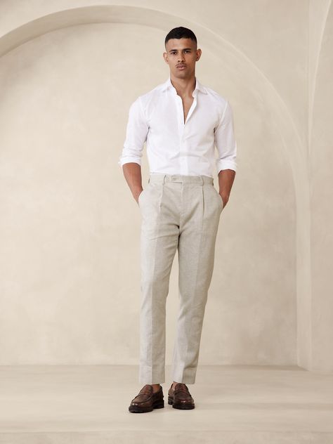 Designed with warm climates in mind, this sleek white suit pant is cut from an herringbone fabric that blends together soft cotton and luxurious linen.  Tailored Slim Fit: Mid-rise.  Tapered slim leg.  Zip fly with button-tab waistband.  Belt loops and after-dinner split detail at back.  Front and back pockets.  Half lined (lined to the knee).  Tailored Slim Fit: Mid-rise.  Tapered slim leg.  Inseams: Short 29. 5", Regular 31. 5", Long 33. 5" Model: Size 32 Regular, 6'2" (188cm). Mens Wedding Guest Outfit, Wedding Guest Outfit Men, Wedding Guest Men, Linen Pants Suit, Beach Formal, Cocktail Attire Men, Formal Wedding Attire, Party Outfit Men, Rehearsal Dinner Outfits