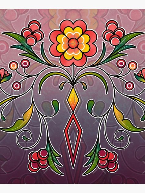 "Pink Floral" Mounted Print by jdesmoulin | Redbubble Indigenous Flowers Art, Native American Floral Design, Native Floral Designs, Native American Flowers, Ojibwe Floral Design, Indigenous Tattoos, Ojibwe Floral, Metis Beadwork, Powwow Beadwork