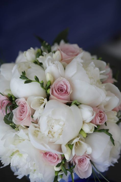 white peonies, pale pink roses and fresh freesias for this lovely sorrento wedding bouquet Pale Pink Flower Bouquet, Peony And Rose Wedding Bouquet, White And Pink Bouquet Wedding, Pink And White Flowers Wedding, Pink And White Bridesmaid Bouquet, Roses And Peonies Bouquet, Peonies And Roses Bouquet, Peonies Bouquet Wedding, Bridal Bouquet Pink And White