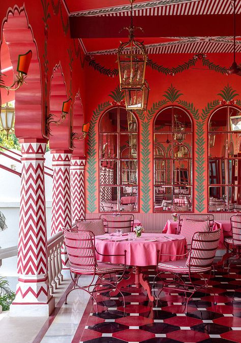 Palladio Jaipur, Jaipur Design, Villa Palladio, Maximalist Interior, Hand Painted Wallpaper, Pink Color Schemes, Pool House, Hotels Room, Boutique Hotel