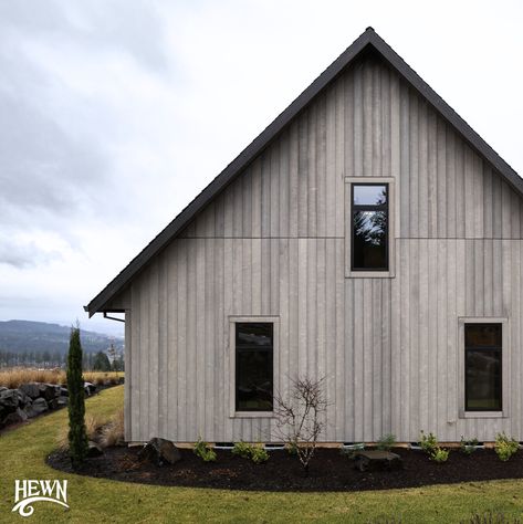 Adding timeless charm to a minimalist aesthetic, our beloved Stone Grey cedar siding captures the essence of understated elegance.  Image credit: @gtbarnes⁠ Contractors: Del Boca Vista LLC & @chandlerwillcuts⁠  #hewn #hewnelements #betterthanbarnwood #cedarsiding #hewndefinition Aged Cedar Siding, Dark Cedar Shake Siding, Cedar Board And Batten Siding, Cedar Siding Exterior, Cedar Siding Colors, Cottage Exterior Ideas, Vinyl Cedar Shake Siding, Stained Cedar, Cedar Shake Siding