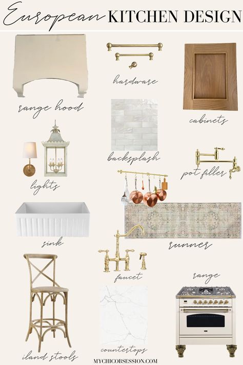 European kitchen mood board Country Chic Interior Design, Home Finishes Mood Board, Parisian Modern Kitchen, French Country Kitchen Backsplash, Ceramic Backsplash Tile, Plaster Range Hood, French Country Tile, Modern French Country Kitchen, French Country Cabinets