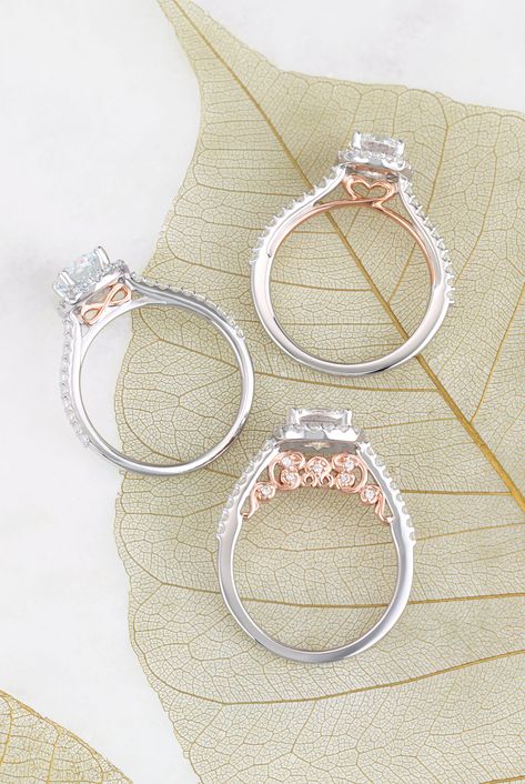 Two Tone Accented Gallery Halo-Style Engagement Rings | ever&ever Engage Ring, Favorite Engagement Rings, Ring My Bell, Halo Style Engagement Rings, Rose Gold Diamond Ring Engagement, Rose Gold Accents, Ring Styles, Jewelry Post, Best Engagement Rings