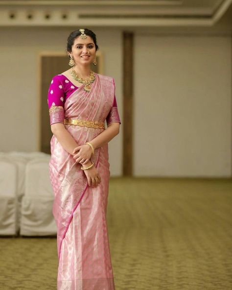 Pink And Purple Blouse Designs, Pink Blouse Saree Color Combos, Pink Purple Saree Combination, Baby Pink Kanjeevaram Saree, Contrast Blouse For Baby Pink Silk Saree, Contrast Blouse For Pink Saree, Pink Silk Saree Contrast Blouse, Pink Saree Bridal Look, Pink Colour Saree Contrast Blouse