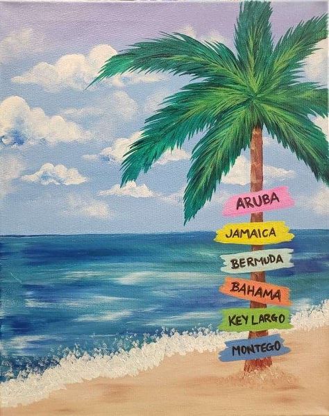 Preppy Artwork, Paint Beach, Surfboard Painting, Beach Drawing, Beach Things, Beach Art Painting, Painting Parties, Palm Trees Painting, Beach Sign