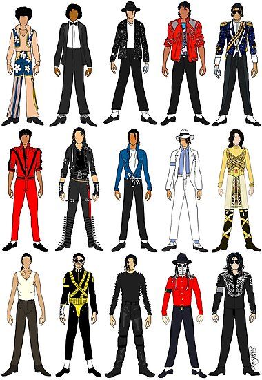 In honor of  MJ who is one of my favorite icons of pop music I have spend a month working on my favorite iconic wardrobe. If you recognize any do comment! :) Custom Background colors and inquires are available upon request. / This is the Version of the outfits in chronological order. / Version of o… • Millions of unique designs by independent artists. Find your thing. Michael Jackson Thriller Costume, Michael Jackson Halloween, Michael Jackson Party, Thriller Michael Jackson, Michael Jackson Costume, Michael Jackson Outfits, Pop Art Costume, Monster Manga, Michael Jackson Drawings