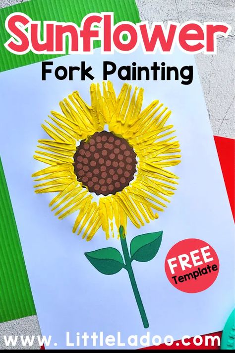 Fork-Painted Sunflower Craft {Free Template} Preschool Spring Art Ideas, Toddler Sunflower Craft, Sunflower Crafts For Preschoolers, August Craft Ideas For Seniors, Sunflower Kids Craft, Sunflower Activities For Toddlers, Easy Sunflower Craft, Sunflower Crafts For Toddlers, Sunflower Preschool Crafts