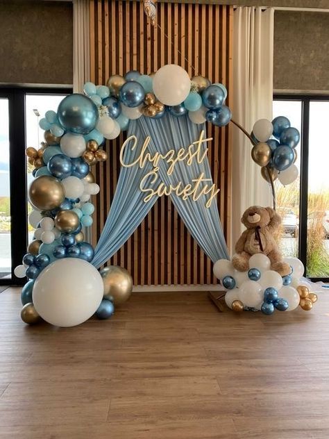 Boy Christening Decorations, Baby Shower Balloon Arch, Baby Shower Decorations Neutral, Balloons Decor, Bear Baby Shower Theme, Elephant Baby Shower Boy, Idee Babyshower, Baby Birthday Decorations, Baby Shower Theme Decorations